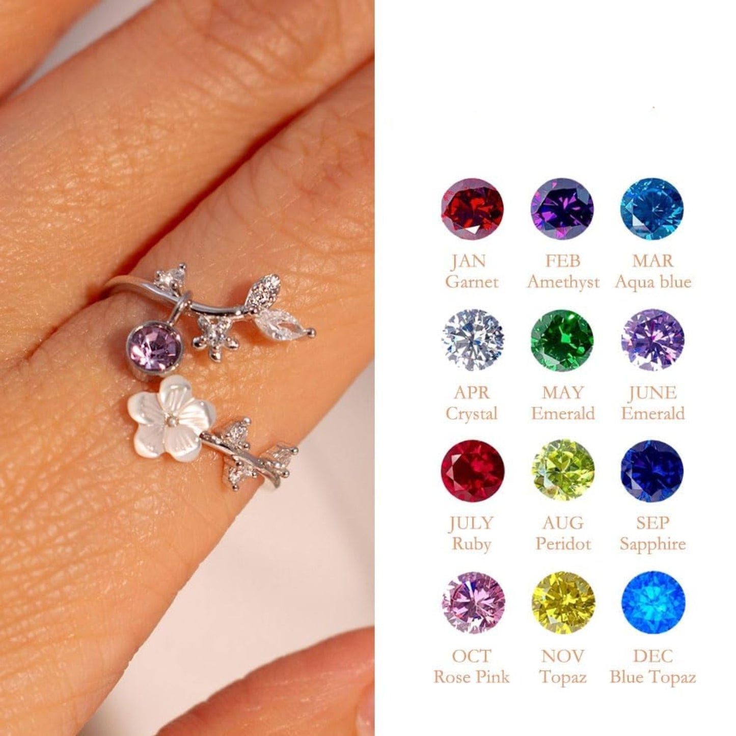 Adjustable Birthstone Flower Ring with Cubic Zirconia – Perfect Mother's Day Gift