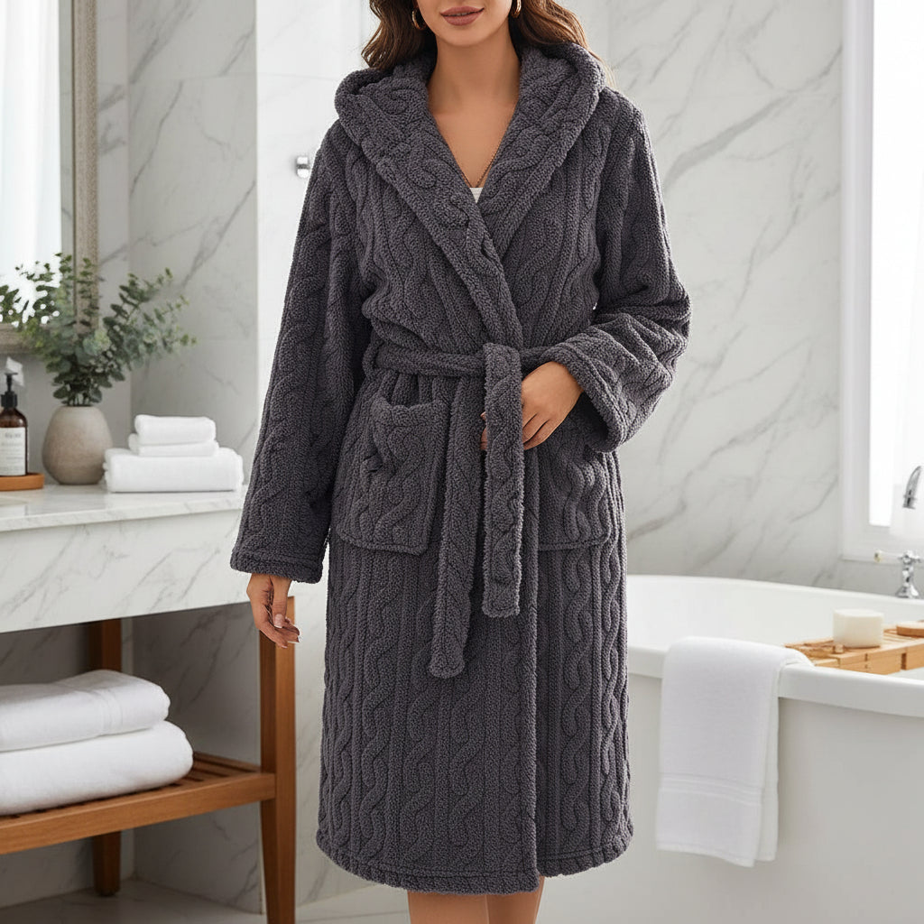 Cozy Hooded Coral Bathrobe - Long, Plush Robe for Warm Winter Comfort