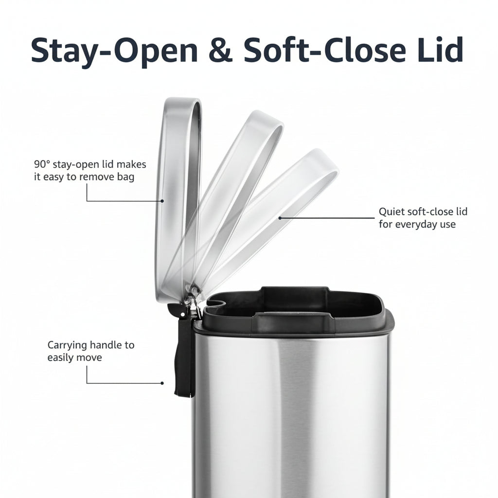 Compact Stainless Steel Trash Can for Small Bathrooms with Soft-Close Pedal