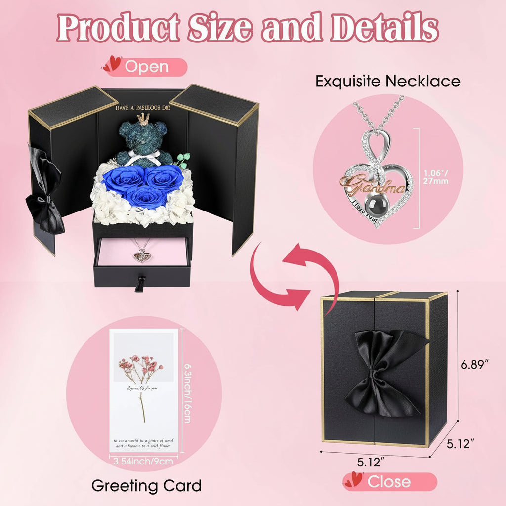 Gift Box with a Preserved Rose, Heart Bear, and Hidden Necklace