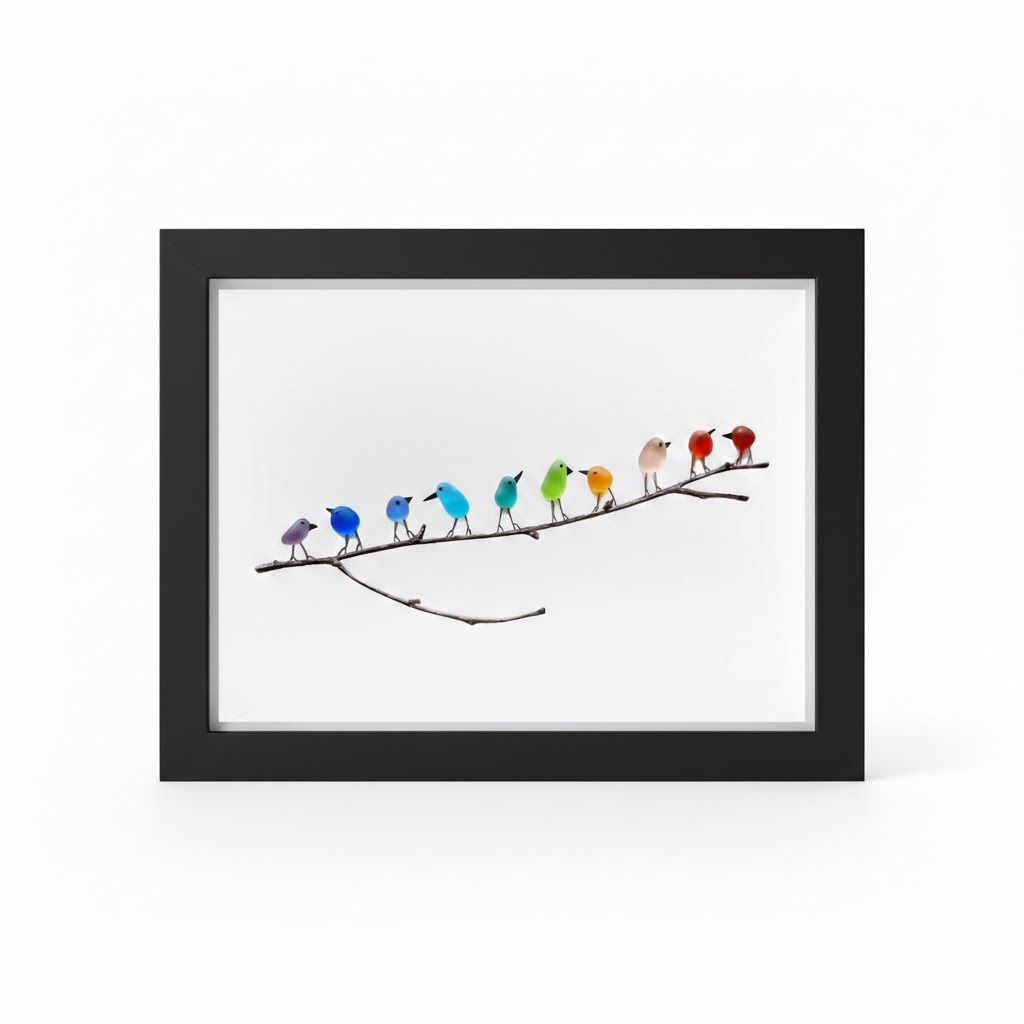 Coastal Wall Art: Sea Glass, Bird & Driftwood Picture Frame Display
