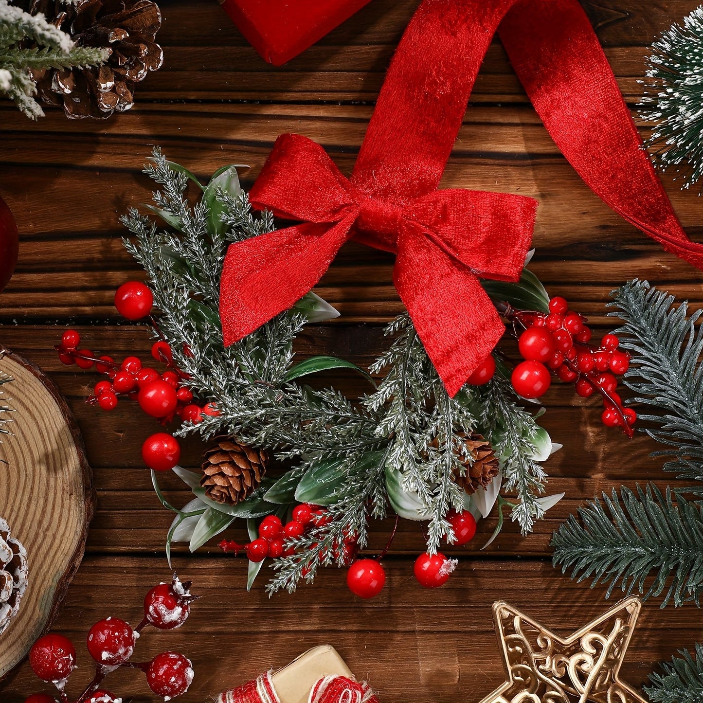 Hanging Christmas Wreath with Red Bow and Pinecones – Festive Holiday Decor