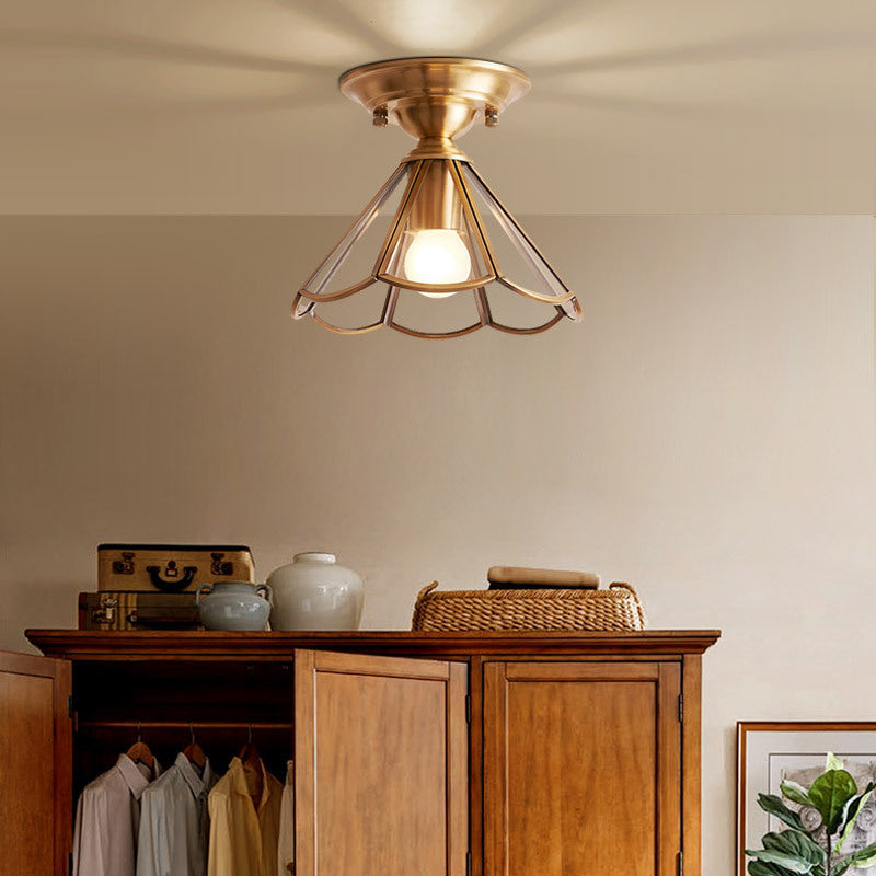 Brass Single-Bulb Flush Mount Light with Scalloped Metal Detail - Minimalist Semi-Flush Ceiling Fixture