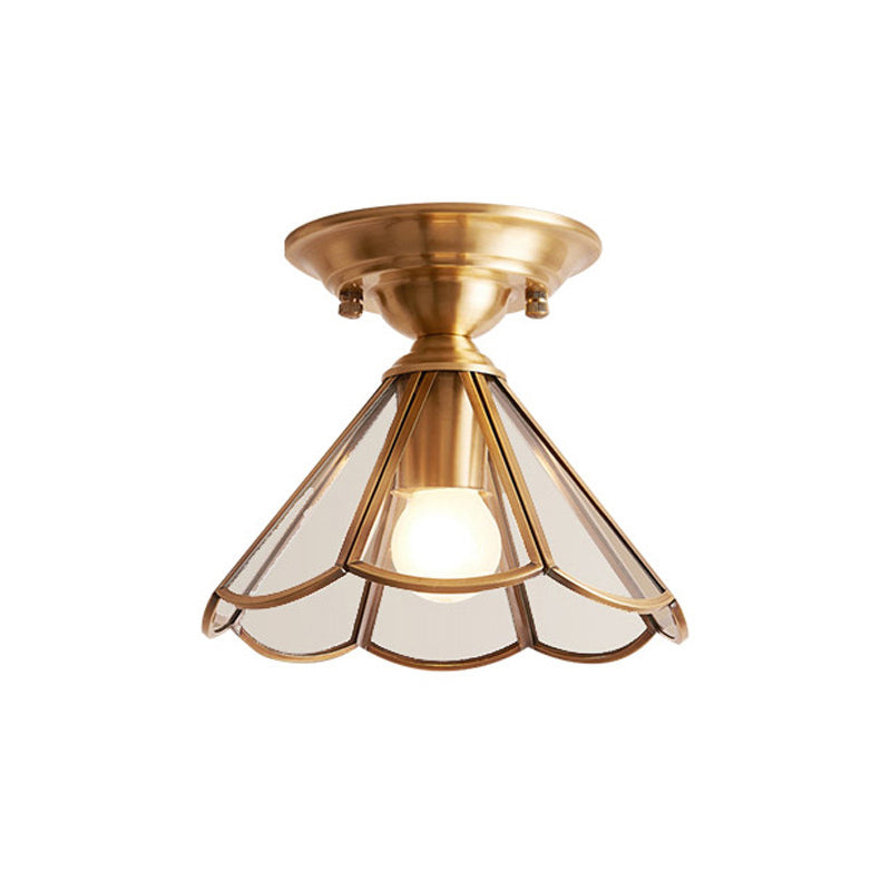 Brass Single-Bulb Flush Mount Light with Scalloped Metal Detail - Minimalist Semi-Flush Ceiling Fixture