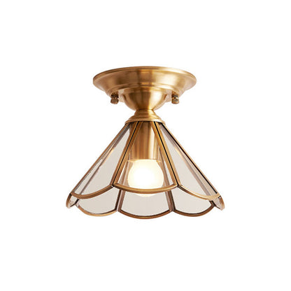 Brass Single-Bulb Flush Mount Light with Scalloped Metal Detail - Minimalist Semi-Flush Ceiling Fixture