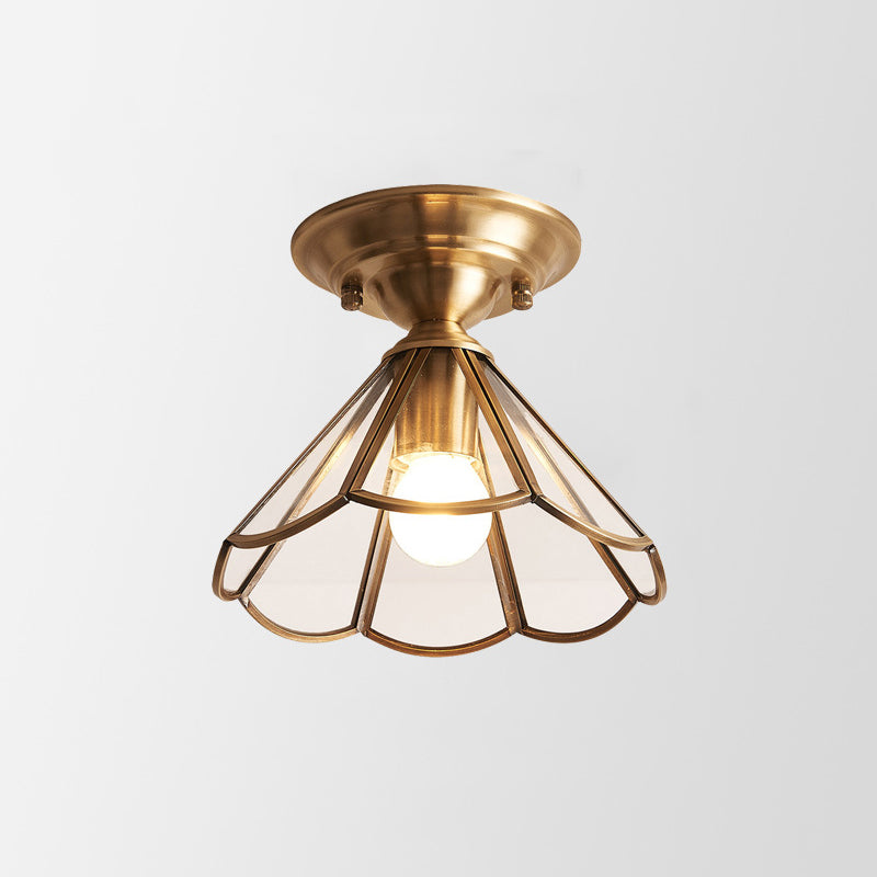 Brass Single-Bulb Flush Mount Light with Scalloped Metal Detail - Minimalist Semi-Flush Ceiling Fixture