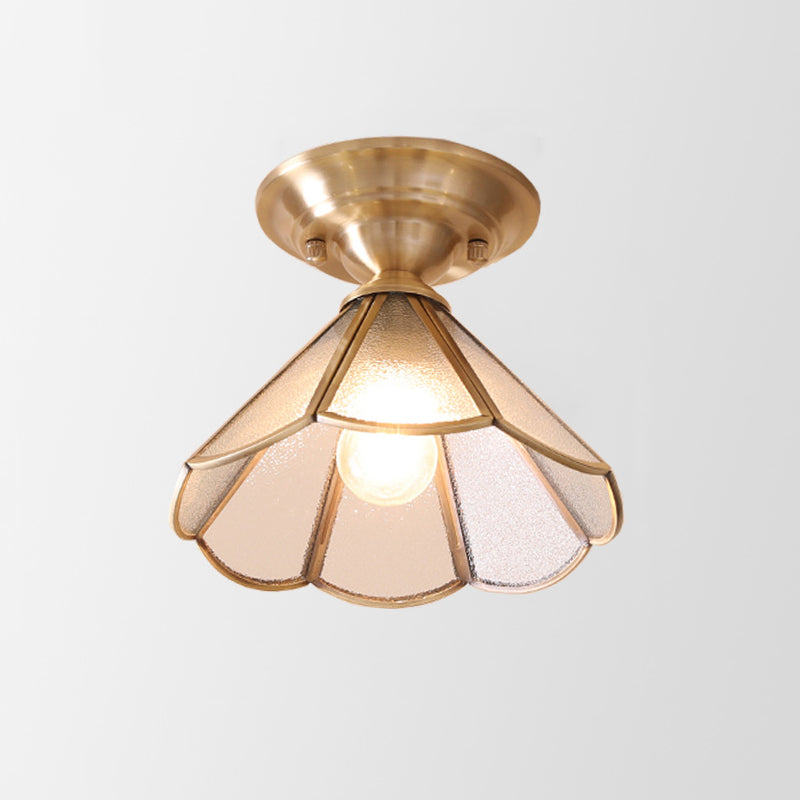 Brass Single-Bulb Flush Mount Light with Scalloped Metal Detail - Minimalist Semi-Flush Ceiling Fixture