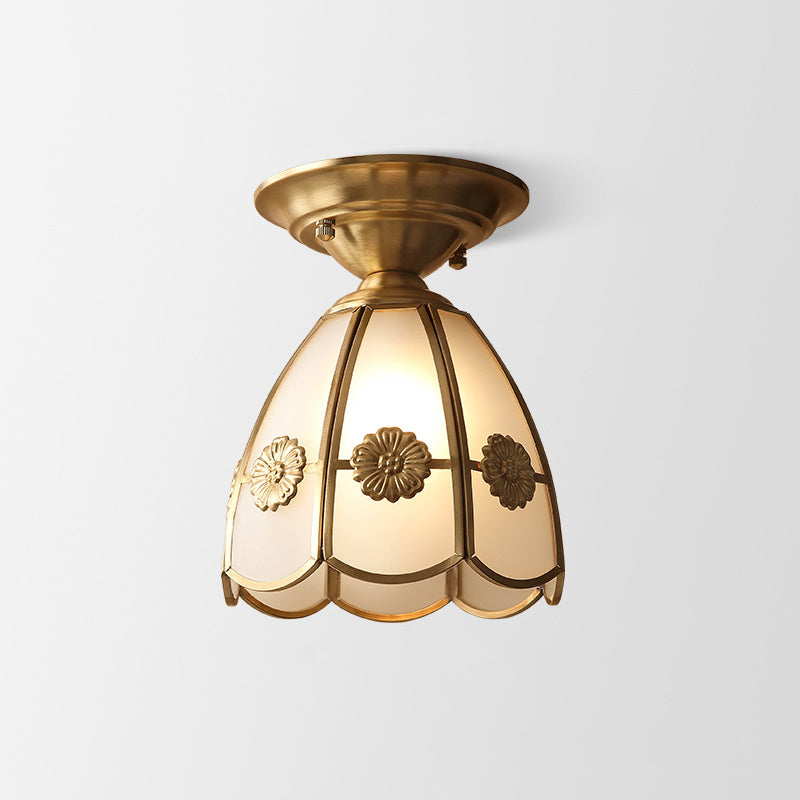 Brass Single-Bulb Flush Mount Light with Scalloped Metal Detail - Minimalist Semi-Flush Ceiling Fixture