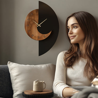Sleek Modern Half-Moon Wooden Wall Clock - Quiet,