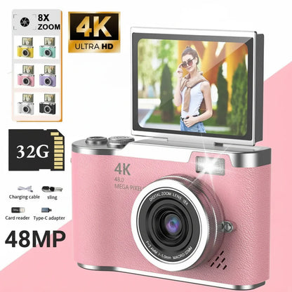 4K Digital Camera with Flip Screen, 48MP, 8x Zoom – Compact for Photos and Videos