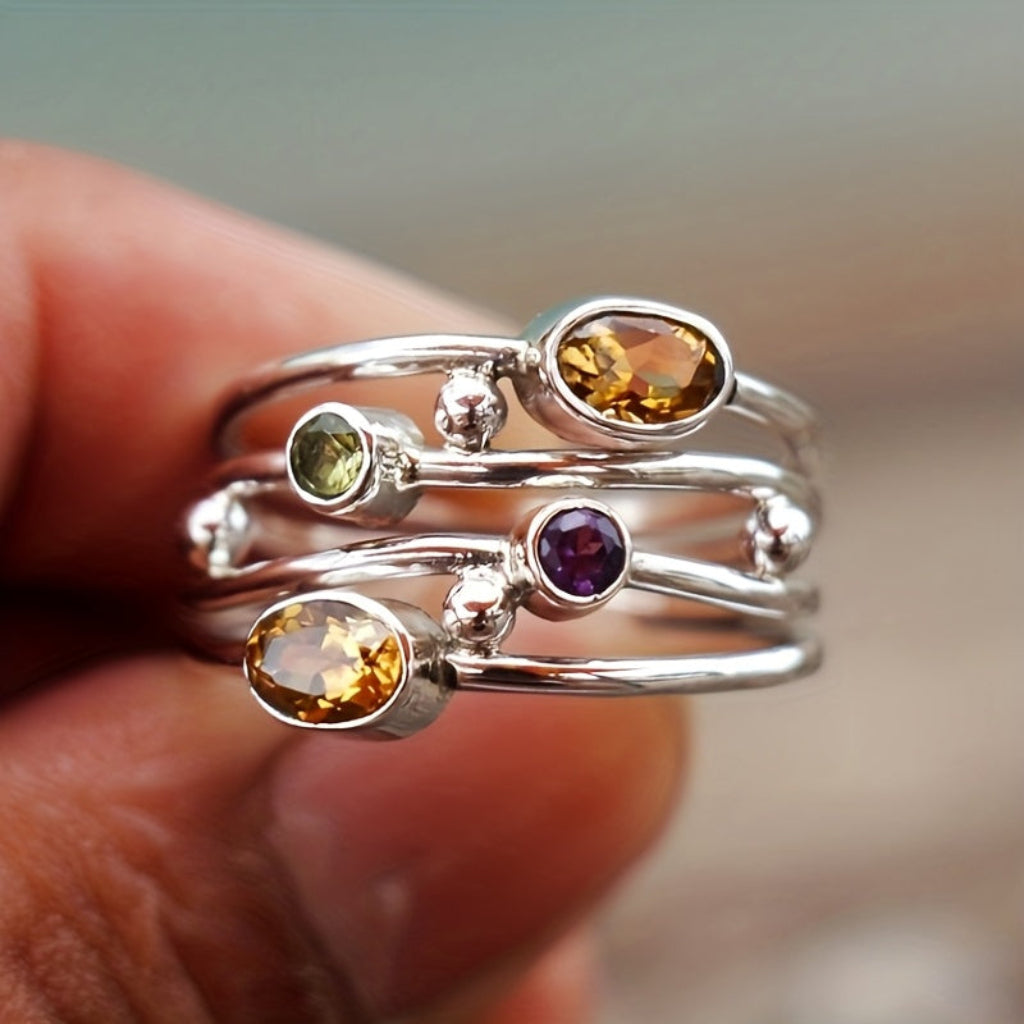 Adjustable Silver Birthstone Ring - Boho Zircon Wrap