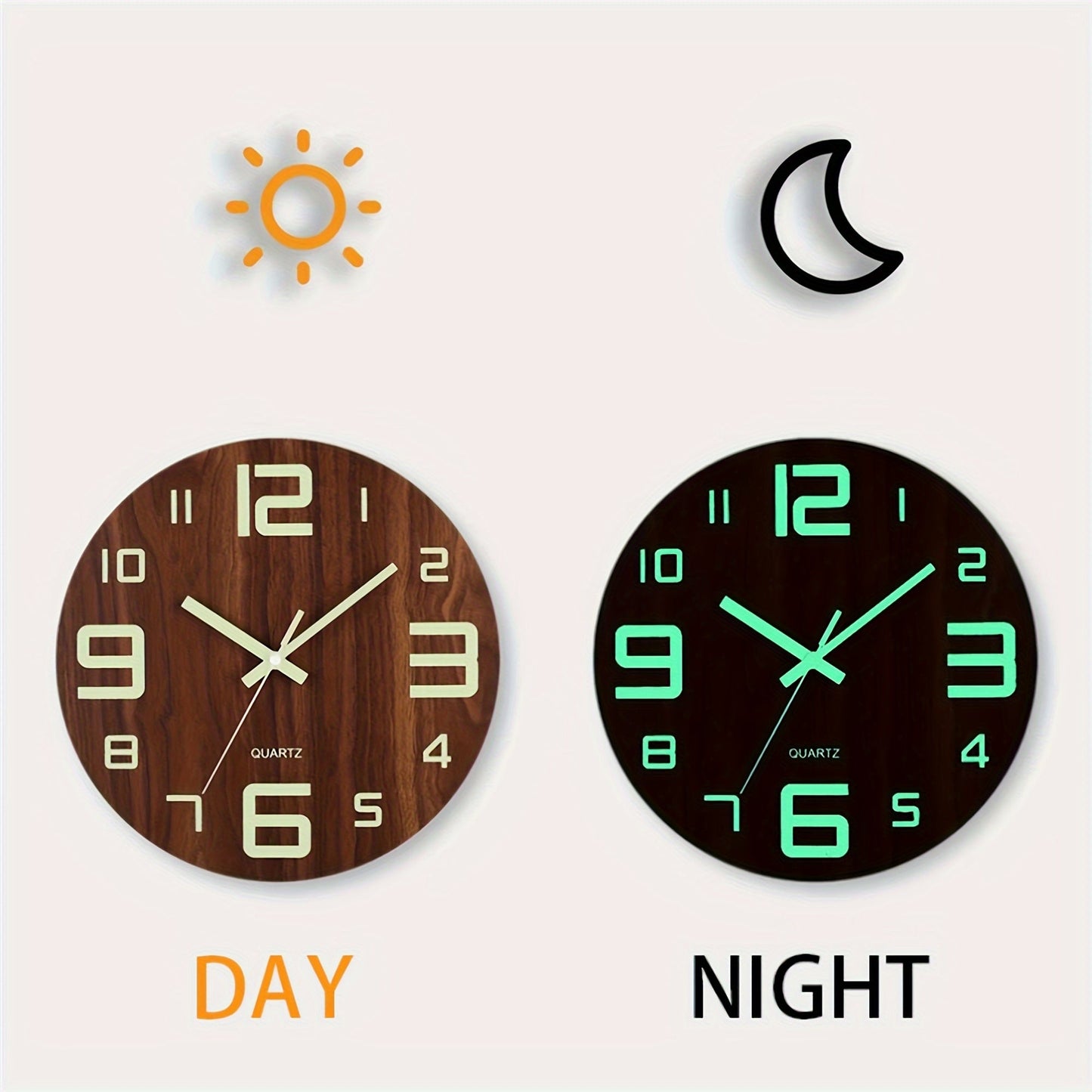 Walnut Glow-in-the-Dark Wall Clock - Silent, Elegant Wooden Design