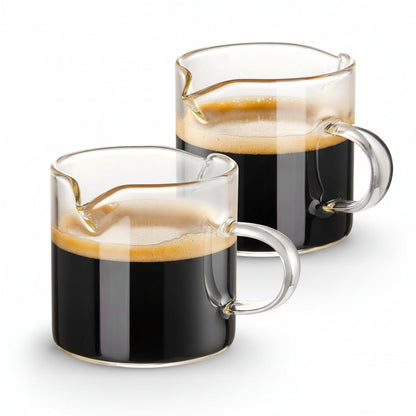 Glass Espresso Cups with 4oz Double-Spout Measuring Pitcher – Precise Coffee Pouring Set