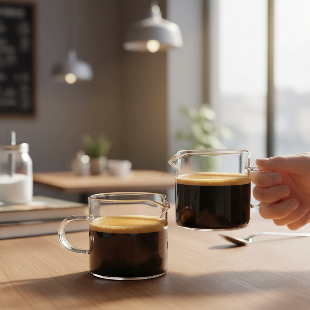 Glass Espresso Cups with 4oz Double-Spout Measuring Pitcher – Precise Coffee Pouring Set