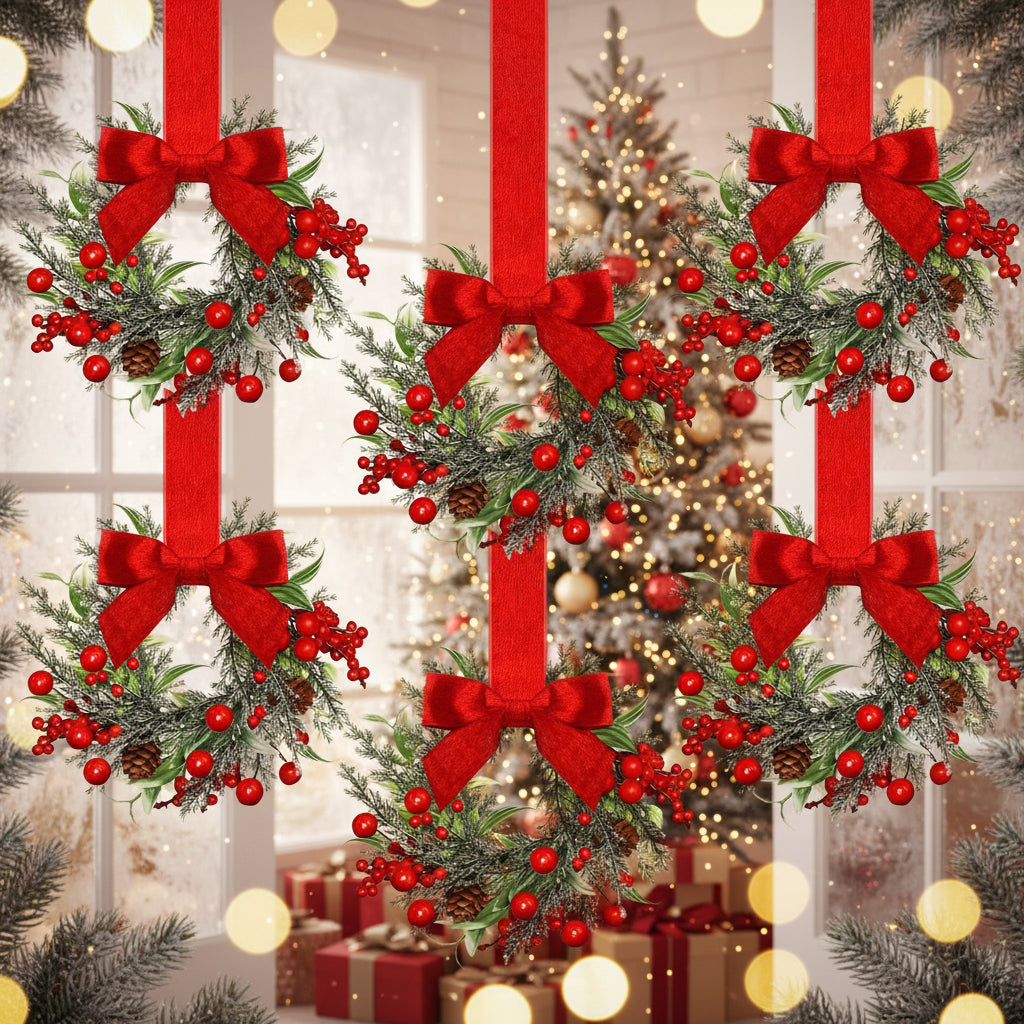 Hanging Christmas Wreath with Red Bow and Pinecones – Festive Holiday Decor