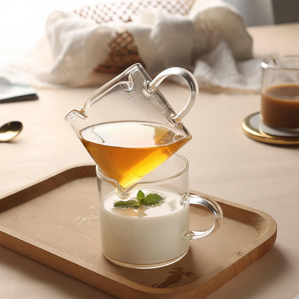 Glass Espresso Cups with 4oz Double-Spout Measuring Pitcher – Precise Coffee Pouring Set