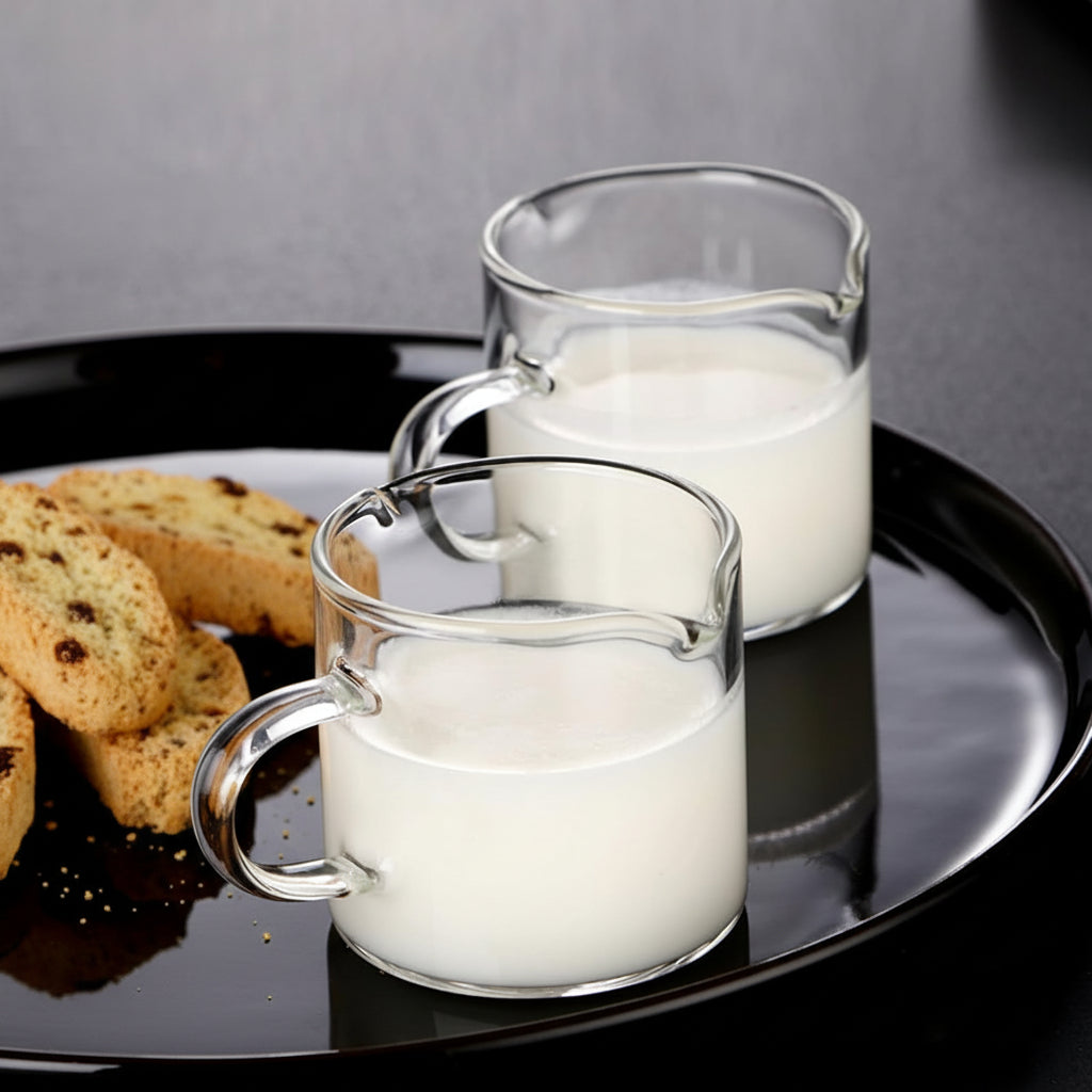 Glass Espresso Cups with 4oz Double-Spout Measuring Pitcher – Precise Coffee Pouring Set