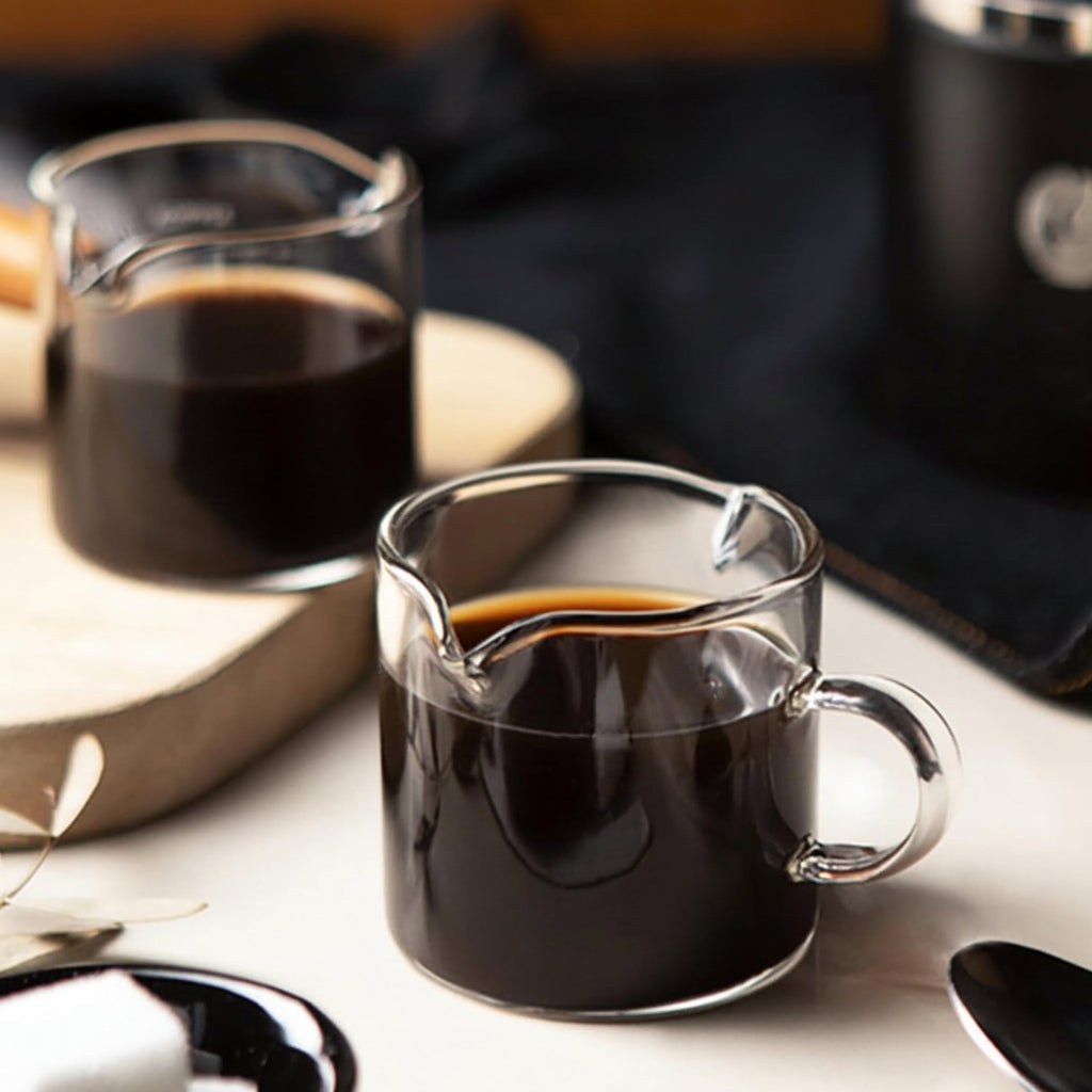 Glass Espresso Cups with 4oz Double-Spout Measuring Pitcher – Precise Coffee Pouring Set
