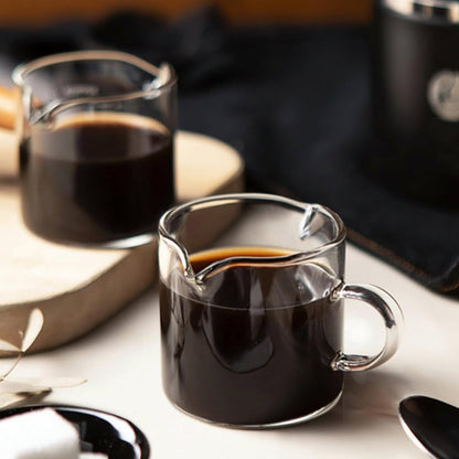 Glass Espresso Cups with 4oz Double-Spout Measuring Pitcher – Precise Coffee Pouring Set