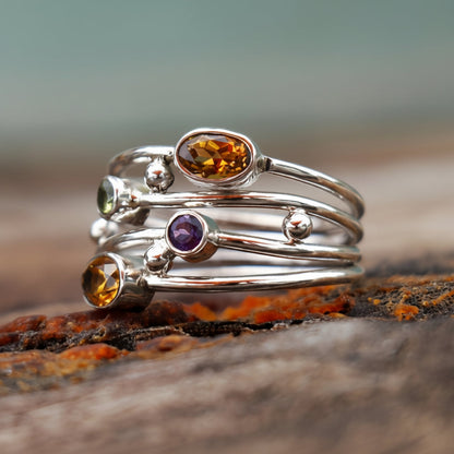 Adjustable Silver Birthstone Ring - Boho Zircon Wrap