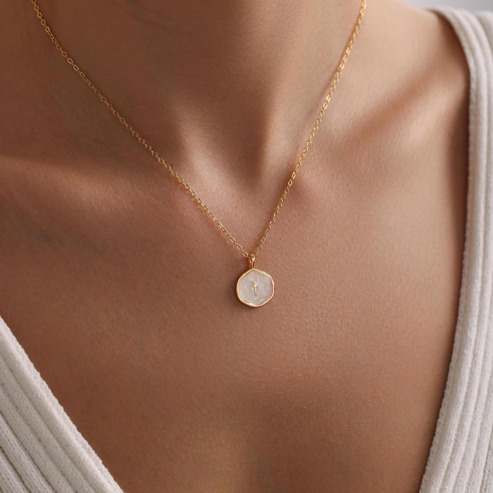 Delicate Gold Disc Cross Pendant Necklace - Mother's Day Jewelry