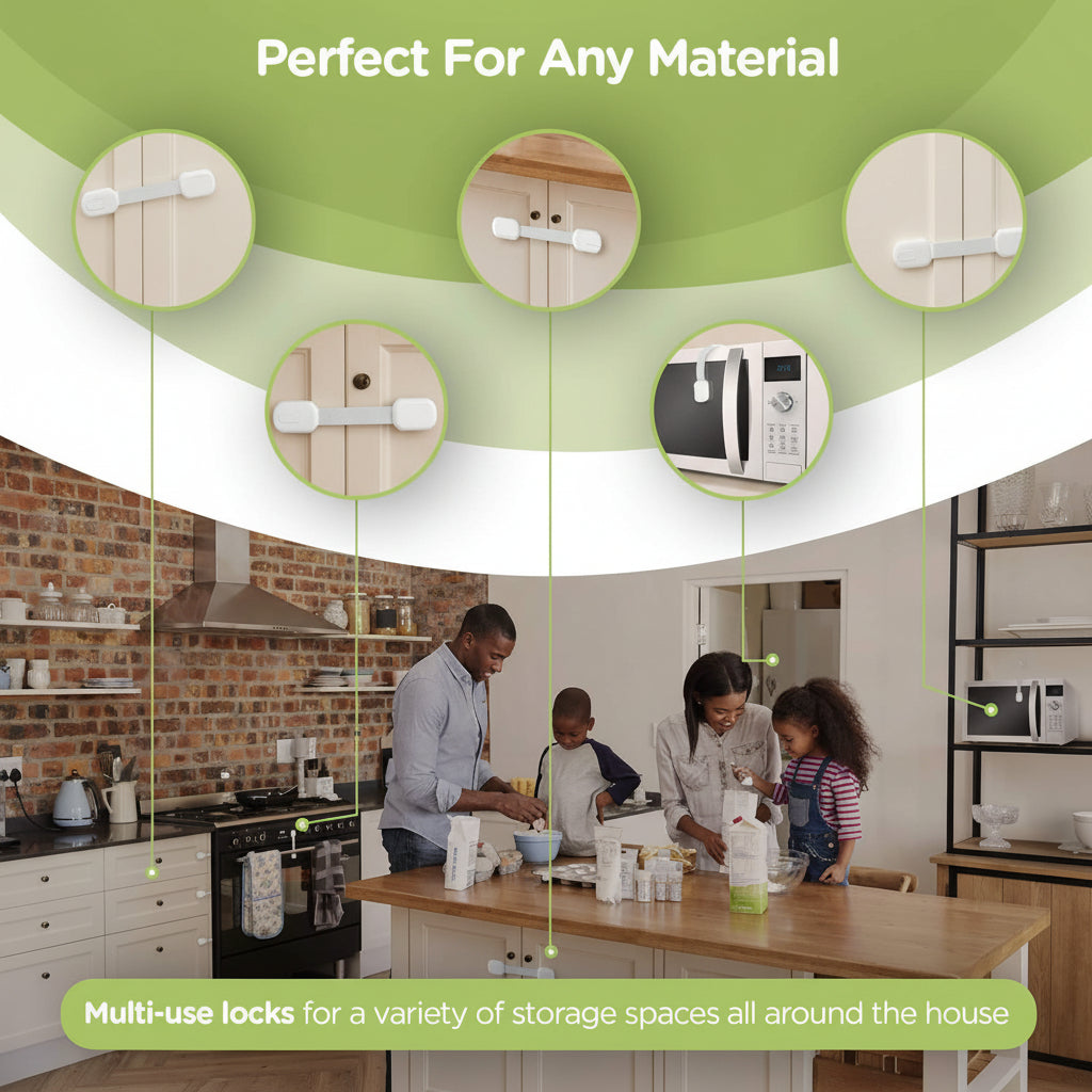 Easy-Install Child Safety Cabinet Locks with Adhesive Straps for Drawers & Doors