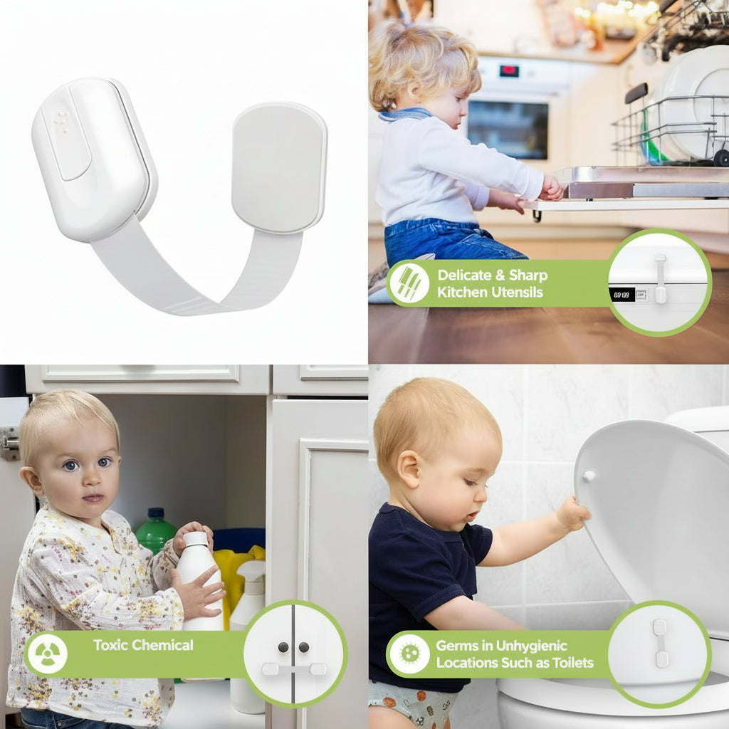 Easy-Install Child Safety Cabinet Locks with Adhesive Straps for Drawers & Doors