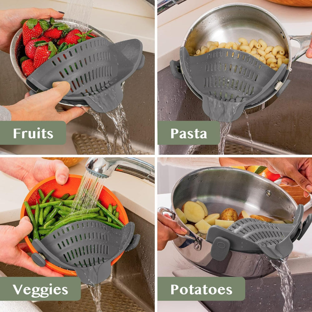 Clip-On Silicone Kitchen Strainer Colander for Pasta – Easy Rinse & Drain