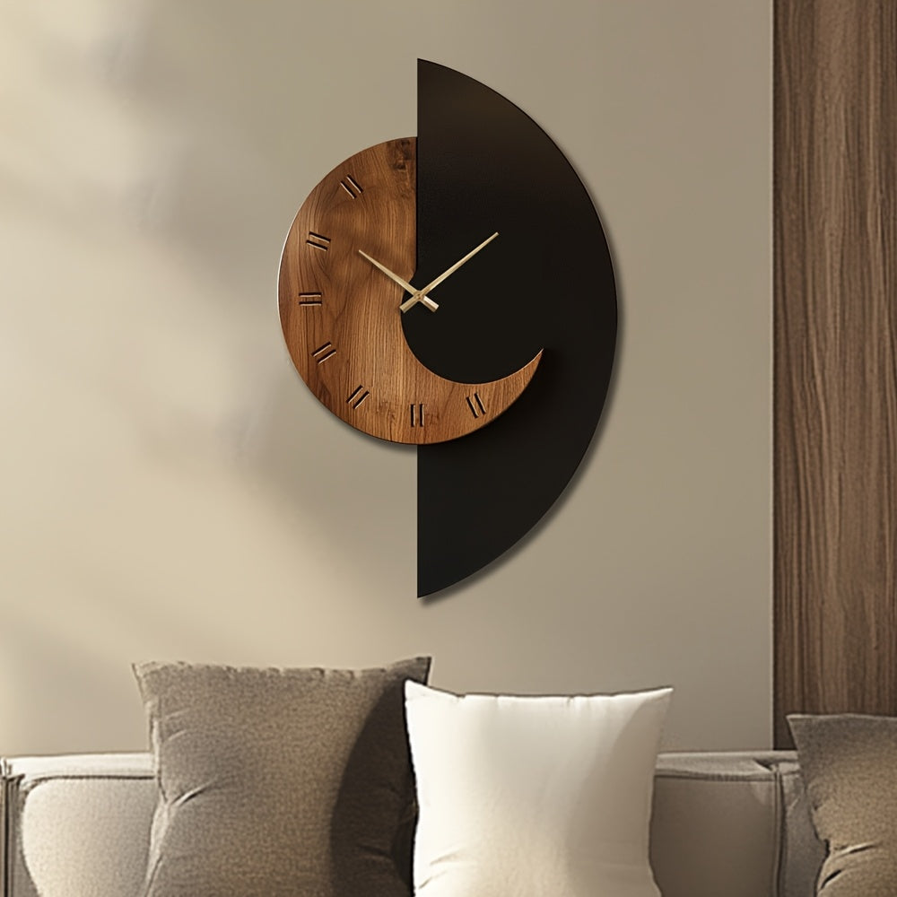 Sleek Modern Half-Moon Wooden Wall Clock - Quiet,