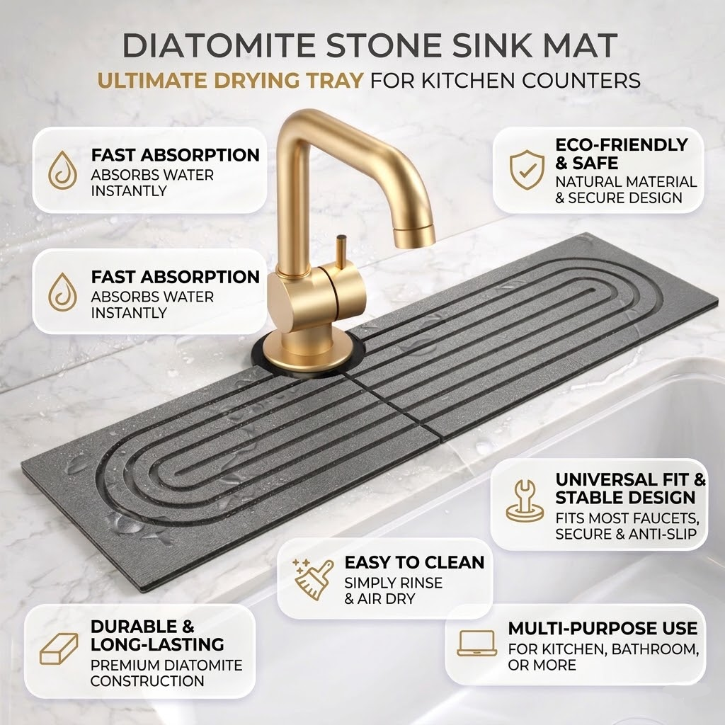 Diatomite Stone Sink Mat – Quick-Dry Faucet Tray for Kitchen Counter