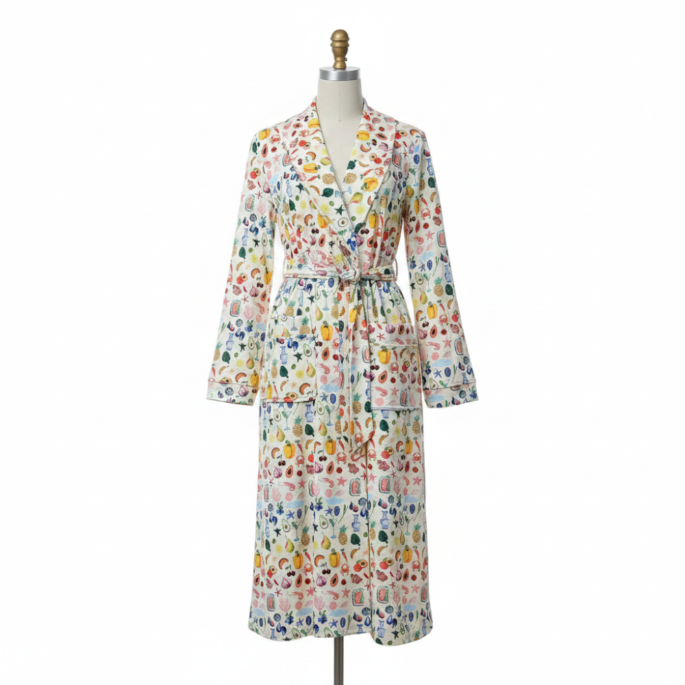 Cozy Floral Print Flannel Bathrobe with Shawl Collar and Tie Waist