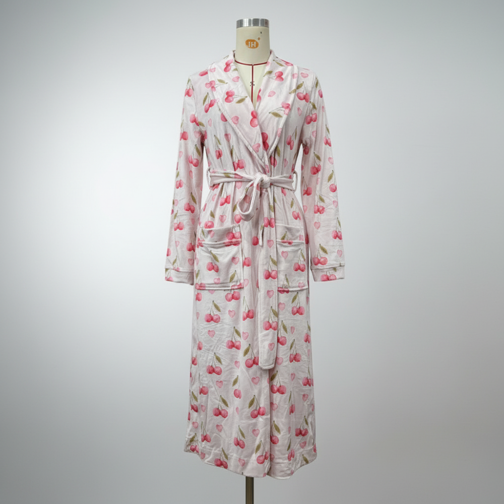 Cozy Floral Print Flannel Bathrobe with Shawl Collar and Tie Waist