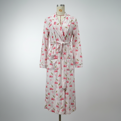 Cozy Floral Print Flannel Bathrobe with Shawl Collar and Tie Waist