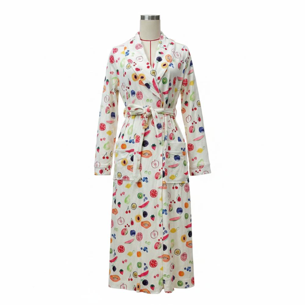 Cozy Floral Print Flannel Bathrobe with Shawl Collar and Tie Waist