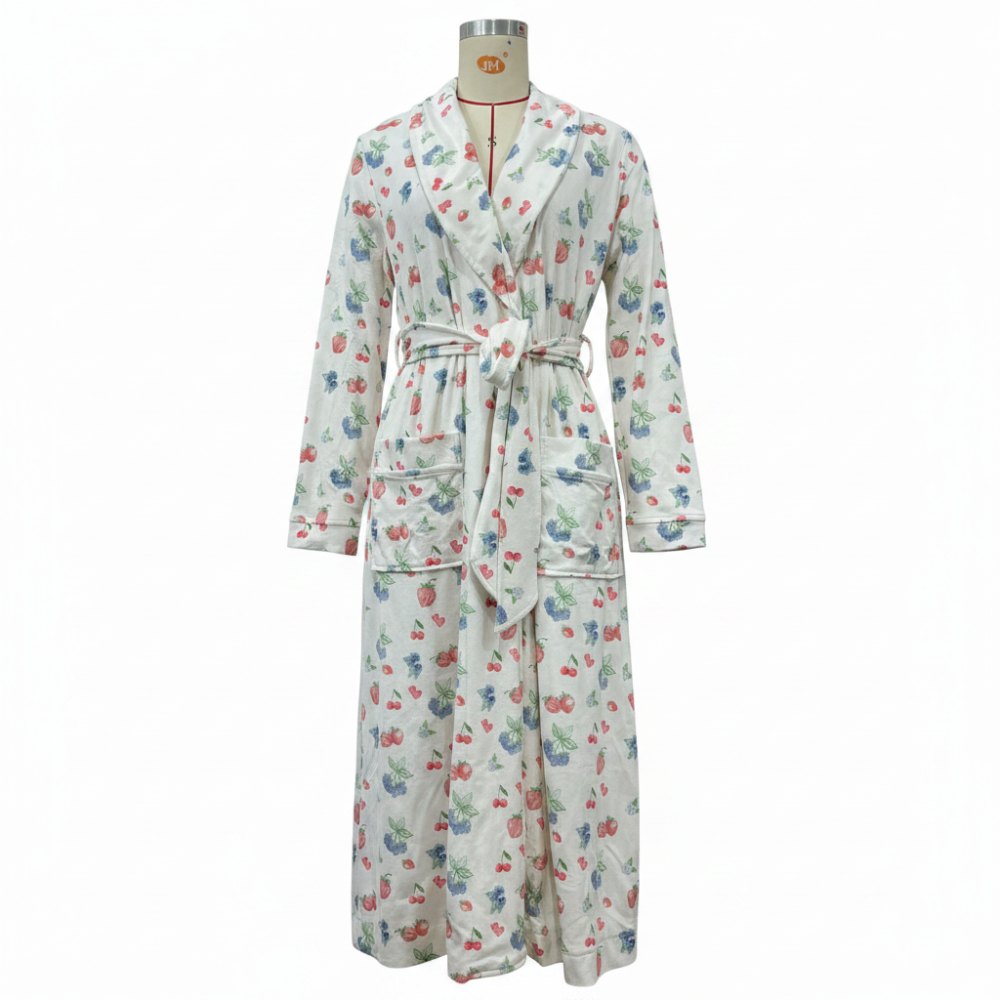 Cozy Floral Print Flannel Bathrobe with Shawl Collar and Tie Waist