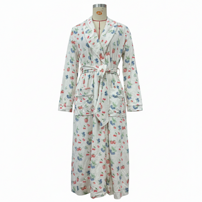 Cozy Floral Print Flannel Bathrobe with Shawl Collar and Tie Waist