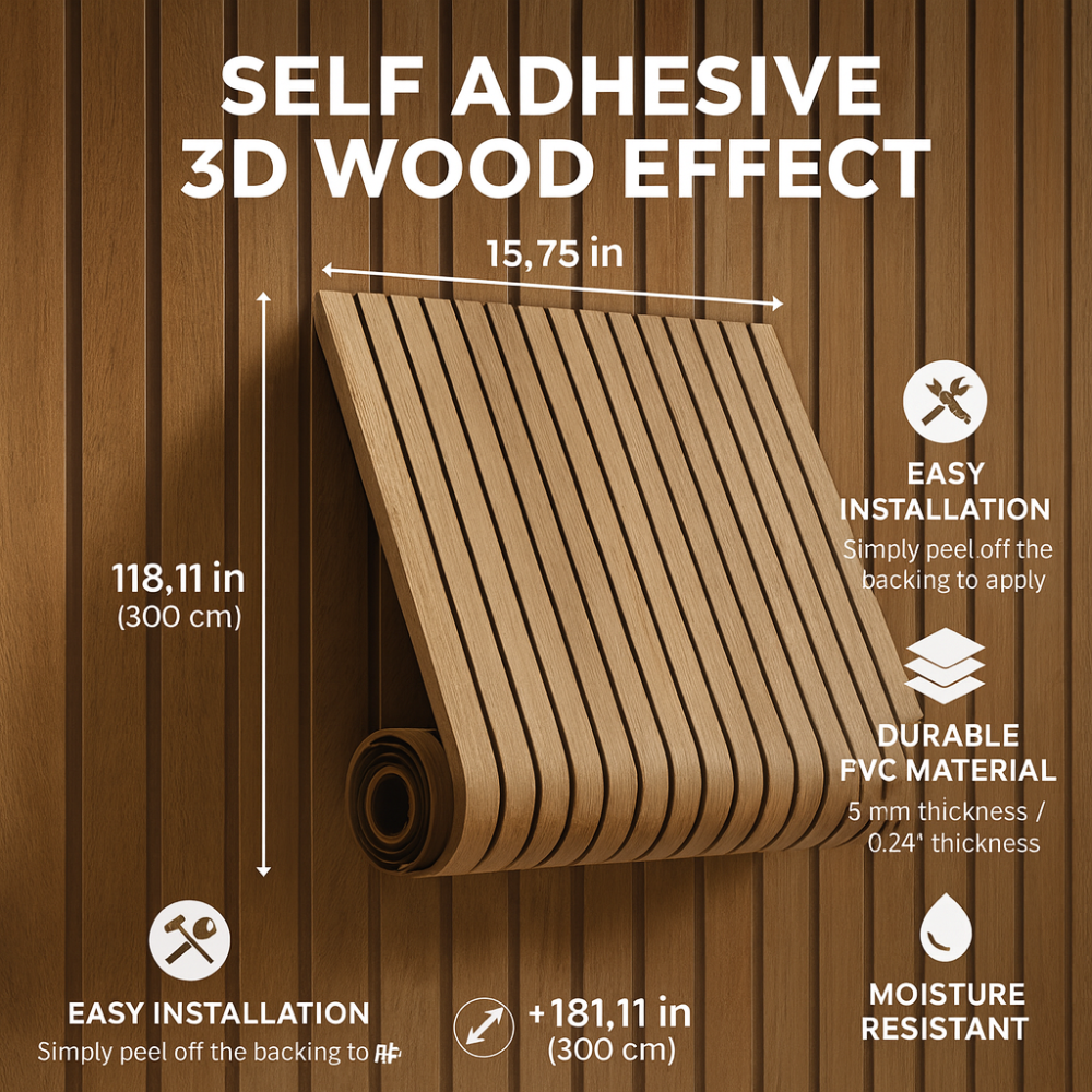 3D Wood-Effect Self-Adhesive PVC Wall Panels