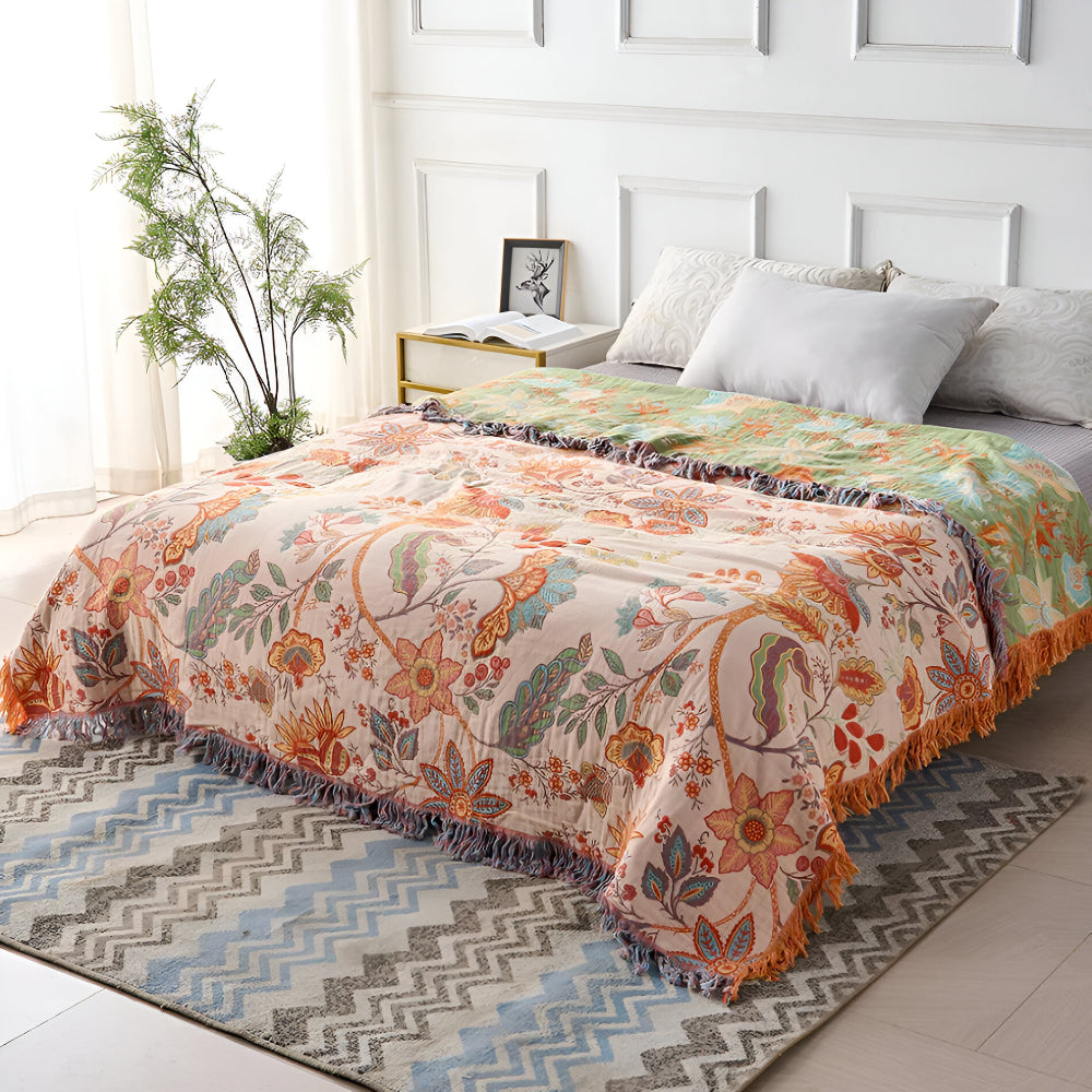 Floral Boho Fringe Throw Blanket – Soft, Cozy Bedding Accent