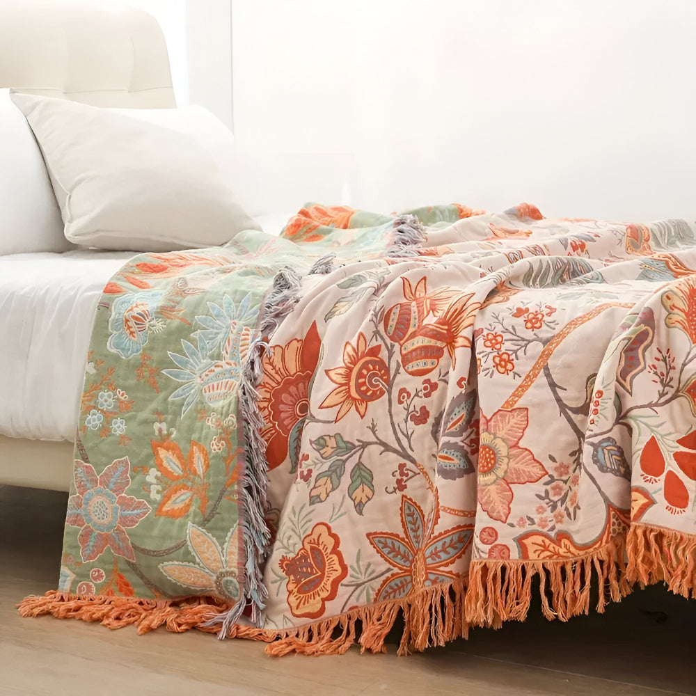 Floral Boho Fringe Throw Blanket – Soft, Cozy Bedding Accent