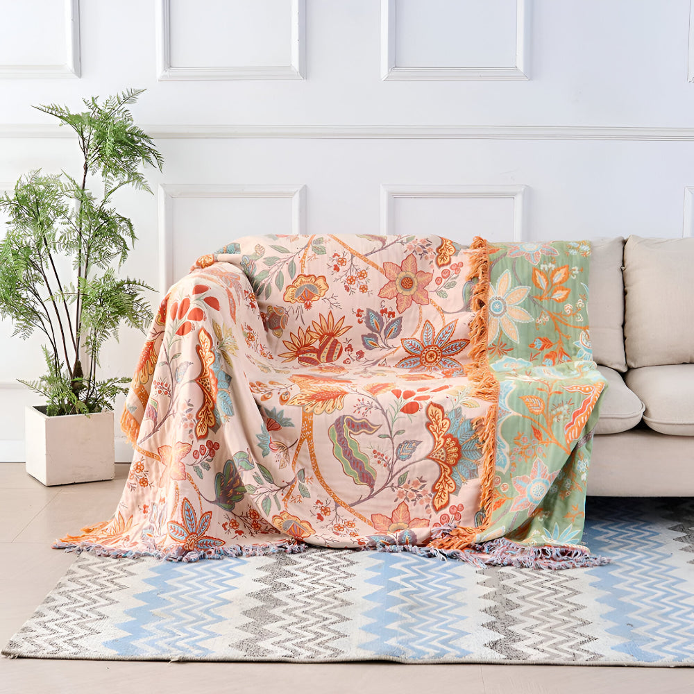 Floral Boho Fringe Throw Blanket – Soft, Cozy Bedding Accent