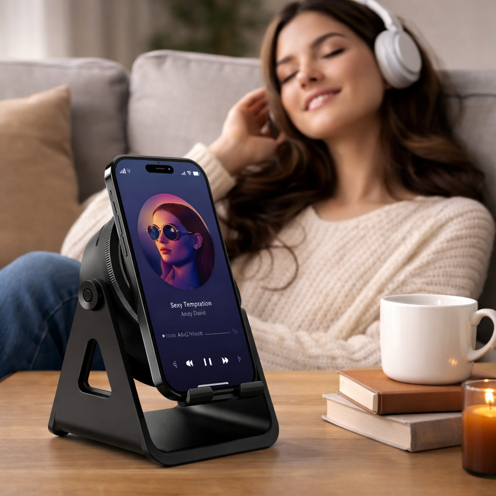 Bluetooth Speaker with Induction Phone Stand and Wireless Charger