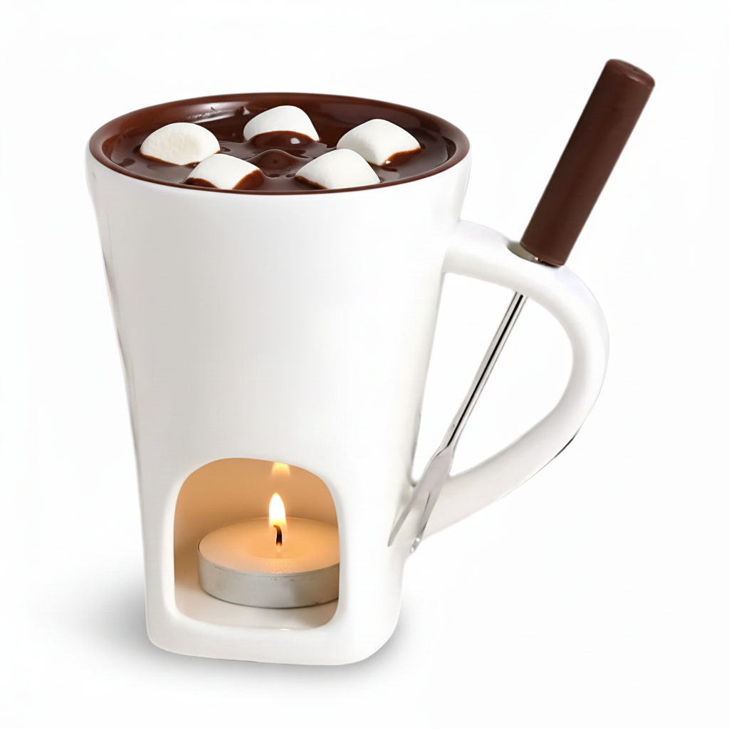 Ceramic Candle-Heated Fondue Set with Pot for Chocolate, Cheese & Dessert Dipping