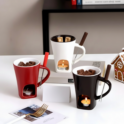 Ceramic Candle-Heated Fondue Set with Pot for Chocolate, Cheese & Dessert Dipping