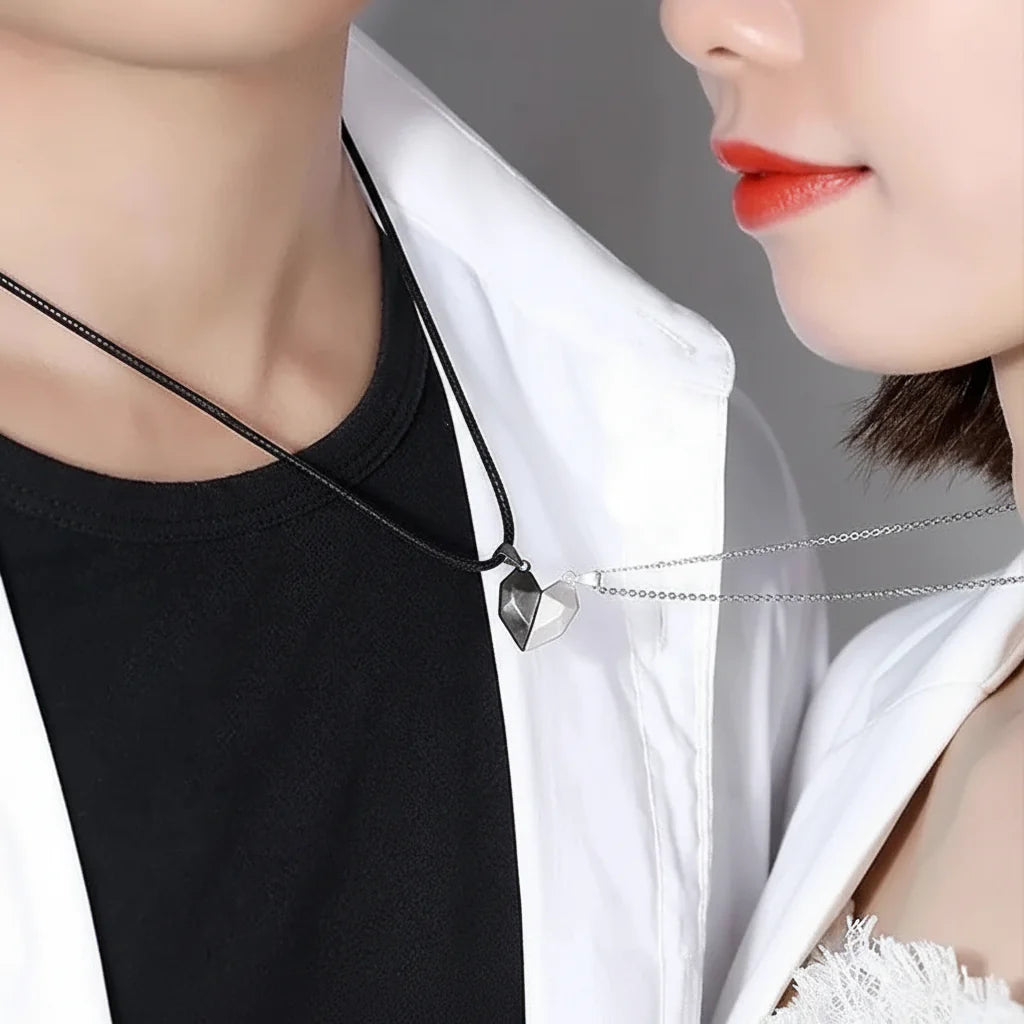 Couple's Magnetic Heart ECG Pendant Necklace Set – Matching Heartbeat Jewelry