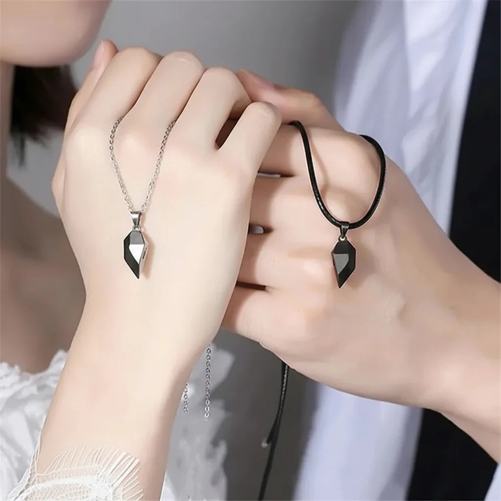 Couple's Magnetic Heart ECG Pendant Necklace Set – Matching Heartbeat Jewelry