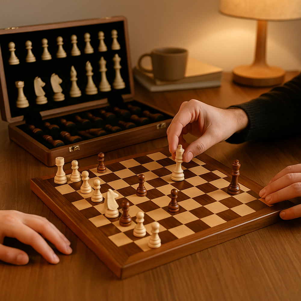 Elegant Wooden Chess Set with Classic Pieces, Board, and Storage Case