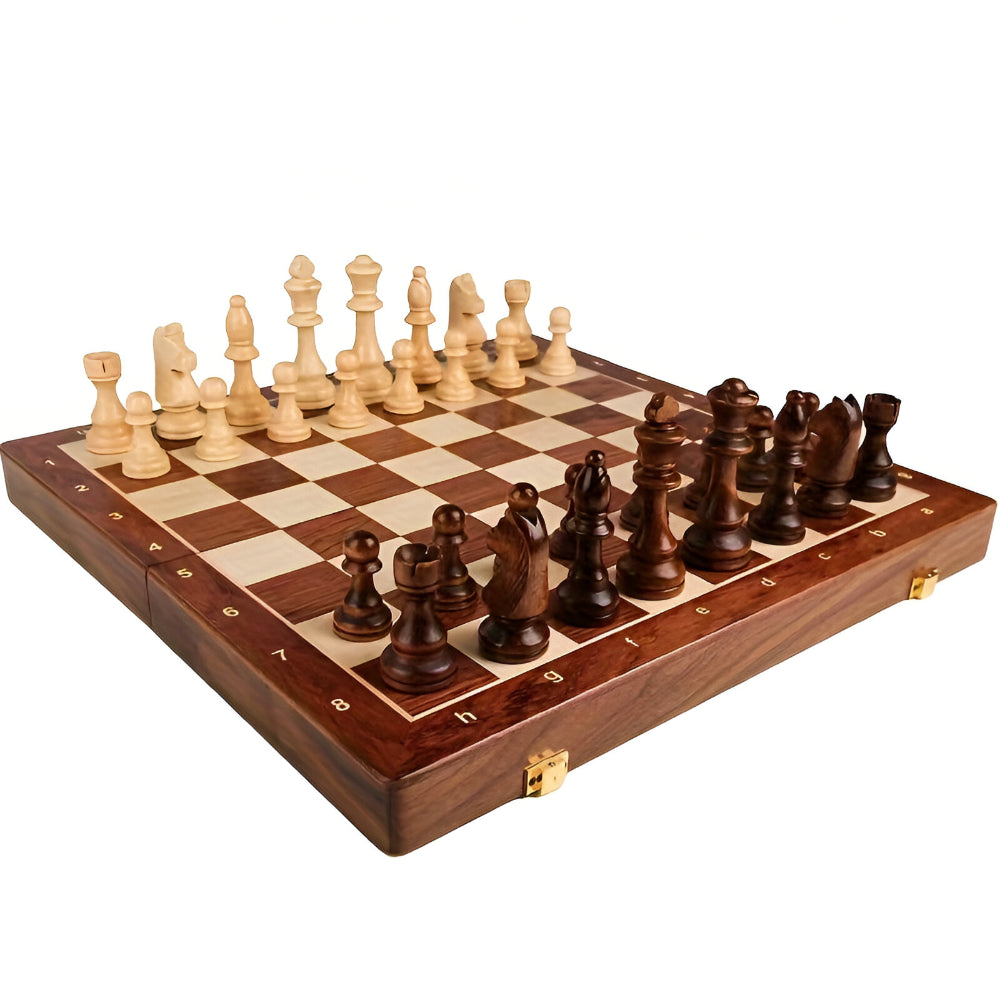 Elegant Wooden Chess Set with Classic Pieces, Board, and Storage Case