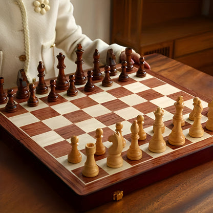 Elegant Wooden Chess Set with Classic Pieces, Board, and Storage Case