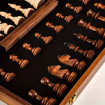 Elegant Wooden Chess Set with Classic Pieces, Board, and Storage Case