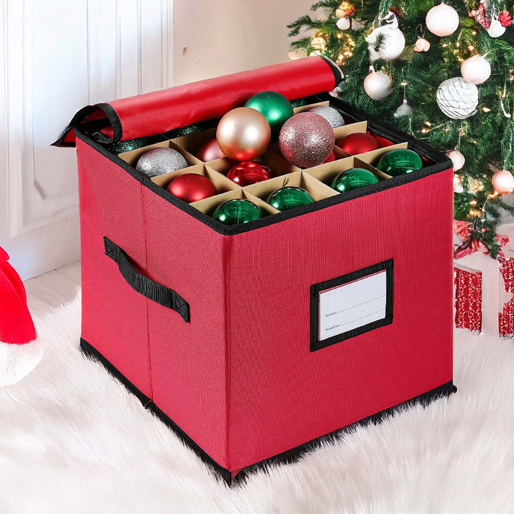 Christmas Ornament Storage Box with Adjustable Dividers and Clear Viewing Window